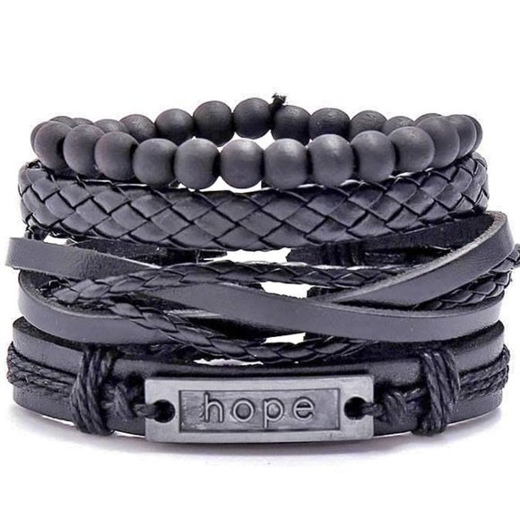 4pcs Men's Multilayer Leather Bracelet Braided  (Hope)- ADJUSTABLE SIZES - Picture 1 of 4